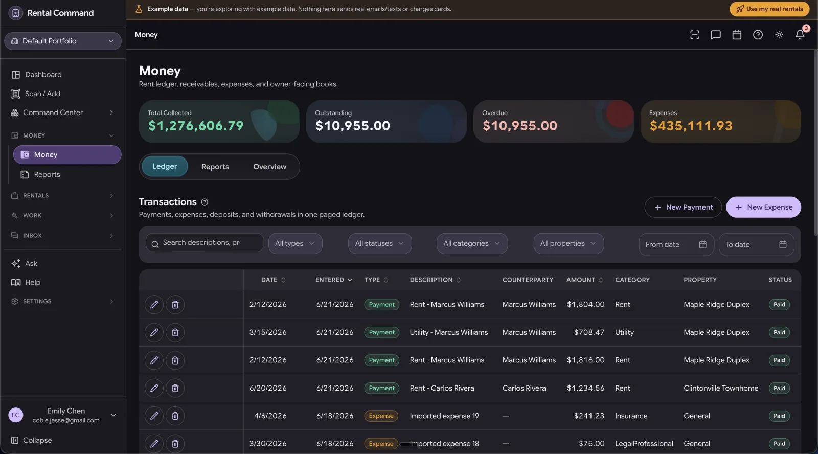 Money in Rental Command