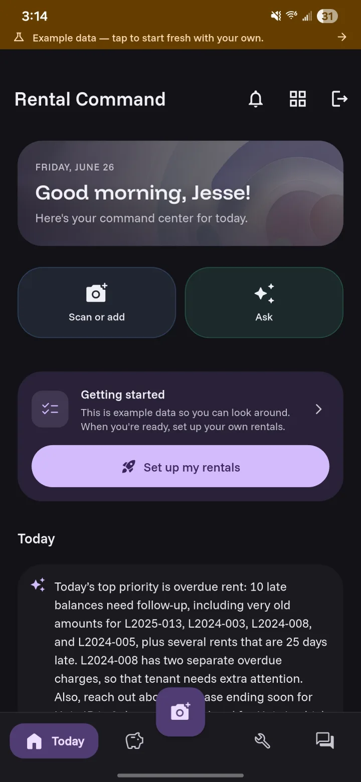 Wake up to a briefing. — Rental Command on mobile
